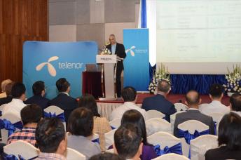 CEO of Telenor Myanmar Sharad Mehrotra delivers the speech at the 6th annual sustainability briefing at Park Royal hotel in Yangon on 22 March. Photo: MNA