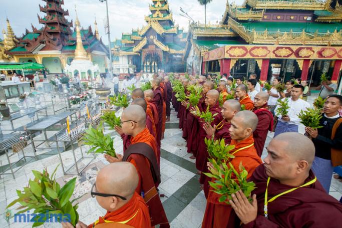 Buddhist nationalist groups set off on September 14 to begin two weeks of celebrations of the four controversial race and religion bills recently signed into law. The rally of monks and lay people, including representatives of the Ma Ba Tha, began their prayers and celebrations at the Shwedagon Pagoda in Yangon. Photo: Hong Sar/Mizzima