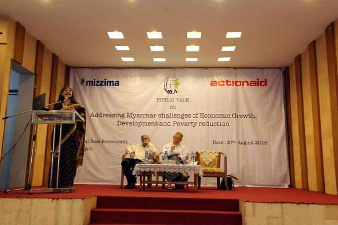 Professor Jayati Ghosh speaks on the subject of "Addressing Myanmar Challenges of Economic Growth, Development and Poverty Reduction". Photo: Thet Ko/Mizzima