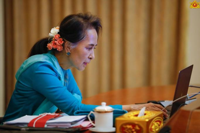 State Counsellor discusses COVID-19 measures of Bago Region through video conferencing. Photo: Myanmar State Counsellor Office