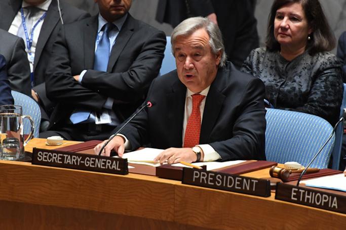 UN Secretary-General Antonio Guterres speaks as the Security Council holds a meeting to discuss the violence in Myanmar at the United Nations in New York on September 28, 2017. Photo: Timothy A. Clary/AFP