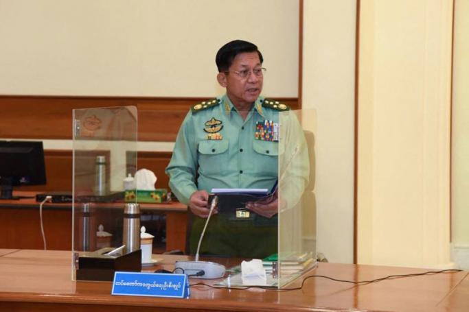 This handout image taken by the Myanmar Military Information Team shows Myanmar junta chief Min Aung Hlaing speaking in the capital Naypyidaw. Photo: AFP