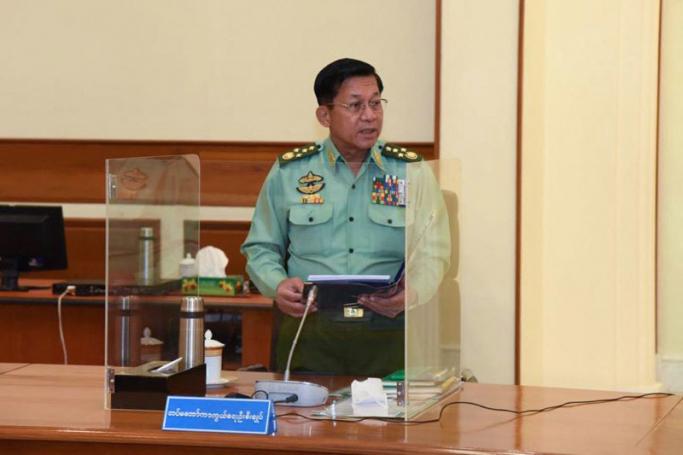 The Myanmar Military Information Team shows Myanmar junta chief Min Aung Hlaing speaking in the capital Naypyidaw. Photo: AFP