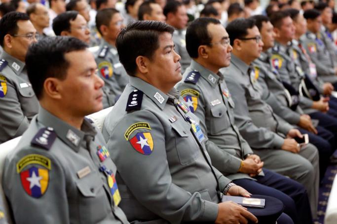 Myanmar police officers attend a ceremony as part of the International Day Against Drug Abuse and Illicit Trafficking in Naypyitaw, Myanmar, 26 June 2018. Photo: Hein Htet/EPA