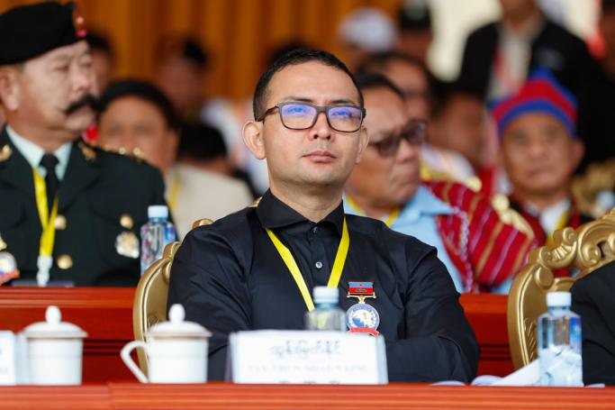 Major General Tun Myat Naing (C), commander in chief of the Arakan Army who is currently fighting with Myanmar military in Rakhine State, attends the ceremony held to mark the 30th anniversary of Wa State in Panghsang, also called Pang Kham of autonomous Wa region, north-eastern Myanmar, 17 April 2019. Photo: Lynn Bo Bo/EPA
