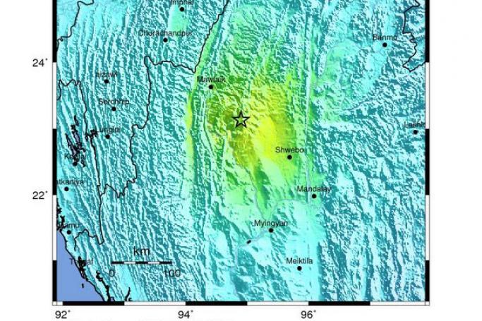 A handout shakemap provided by the US Geological Survey (USGS) on 16 April 2016 of a 6.9 magnitude earthquake (indicated by a star, C) detected in north-western Myanmar, 16 April 2016. According to initial reports by USGS, Myanmar was hit by a 6.9 magnitude earthquake. Photo: EPA/US GEOLOGICAL SURVEY
