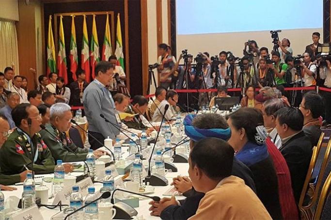 U Aung Min, vice chairman of the Central Peace Making Work Committee talks during the meeting of 7th nationwide ceasefire meeting in Myanmar Peace Centre in Yangon on July 24, 2015. Photo: Nyo Ohn Myint
