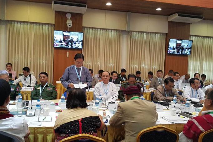 Representatives from the Union peace-making work committee and the Nationwide Ceasefire Coordination Team at the 9th nationwide ceasefire meeting in Myanmar Peace Centre on August 6, 2015. Photo: Nyo Ohn Myint/Facebook
