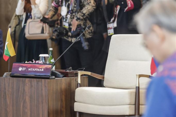 A chair for Myanmar leader in left unoccupied during a retreat session of the 42nd ASEAN Summit in Labuan Bajo, East Nusa Tenggara, Indonesia, 11 May 2023. Photo: EPA