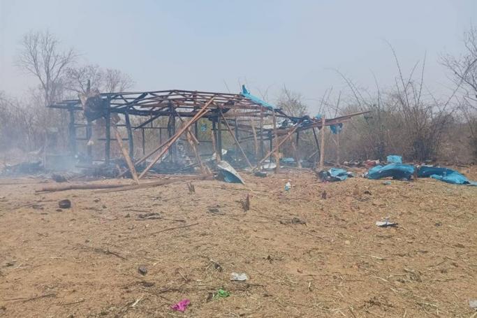 A handout photo made available by Myaelatt Athan local news agency shows debris and a damaged structure after an airstrike by the Myanmar military on Pa Zi Gyi village, Kantbalu township, Sagaing region, Myanmar, 11 April 2023. Photo: EPA