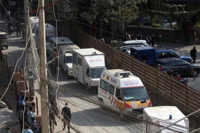 Ambulances carrying the bodies of Yeti Airlines ATR72 aircraft victims arrive at the Teaching Hospital in Kathmandu, Nepal, 17 January 2023. Photo: EPA