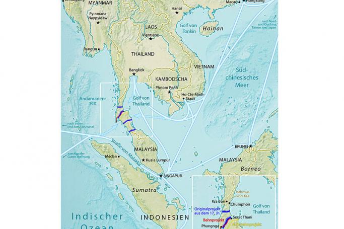 Map of selected project variants of the Thai Canal (Photo: Wikipedia)