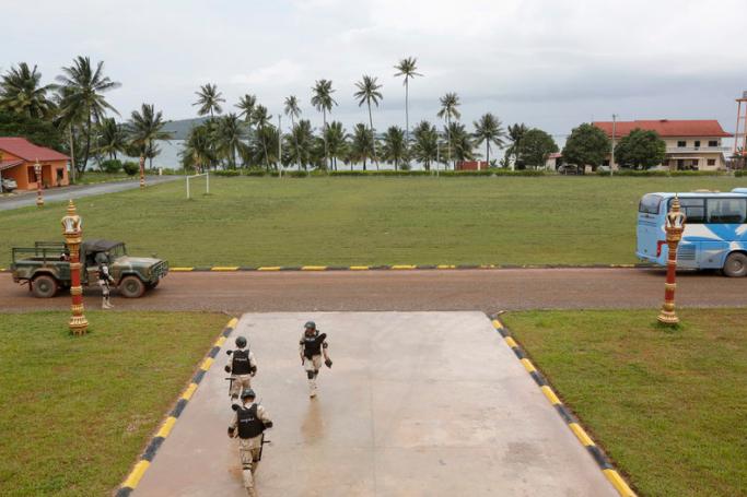 Cambodian soldiers walk at Ream Naval Base in Preah Sihanouk province, Cambodia, 26 July 2019.  Photo: EPA