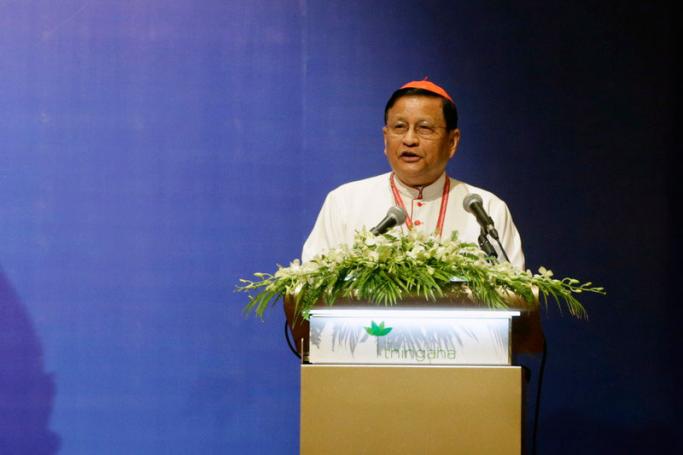 (File) Cardinal Charles Maung Bo speaks during the Advisory Forum on National Reconciliation and Peace in Myanmar at Thingaha Hotel in Naypyitaw, Myanmar, 07 May 2019. Photo: EPA