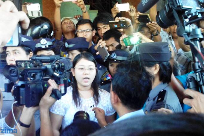 Chaw Sandi Tun speaks to media outside Maubin township court after being sentenced to six months in jail on 28 December 2015. Photo: Yin Mon Khing/Mizzima
