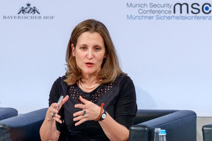 Chrystia Freeland, Minister of Foreign Affairs of Canada, speaks during the 54th Munich Security Conference (MSC), in Munich, Germany, 16 February 2018. Photo: Ronald Wittek/EPA-EFE
