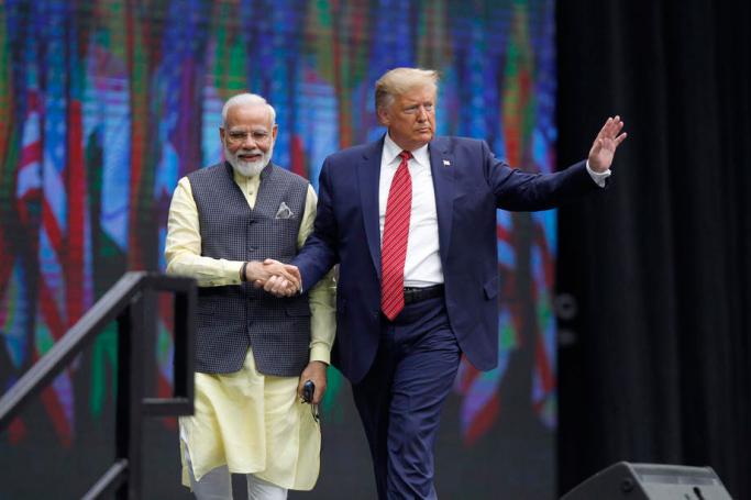 Indian Prime Minister Narendra Modi (L) and US President Donald J. Trump speak to a crowd of over fifty thousand at the 'Howdy Modi' community summit at NRG Stadium in Houston, Texas, USA, 22 September 2019. Photo: EPA
