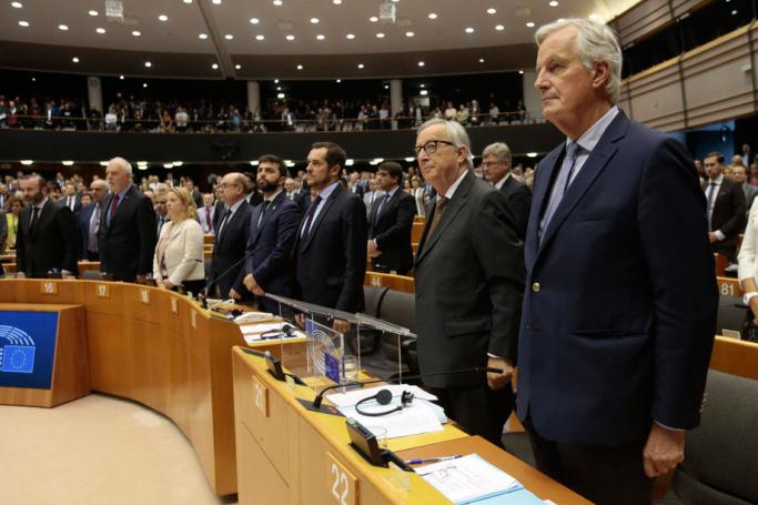 (File) European Union's chief Brexit negotiator Michel Barnier (frt) and European Commission President Jean-Claude Juncker (2nd) during a plenary session on preparations for the next EU leaders' summit, at the European Parliament in Brussels, Belgium. Photo: EPA