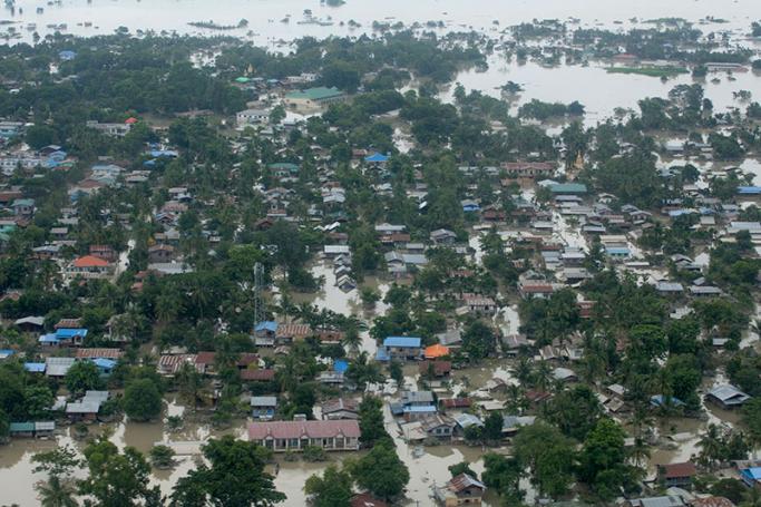 An aerial view shows flooding over Kalay in Myanmar's Sagaing region. Photo: Hong Sar/Mizzima
