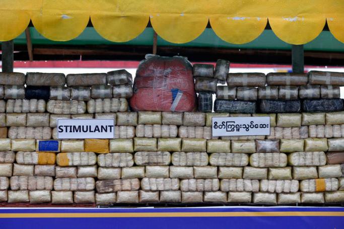 Illegal drugs before sit on display before a destruction ceremony held to mark the International Day Against Drug Abuse and Illicit Trafficking in Yangon. Photo: Nyeini Chan Naing/EPA