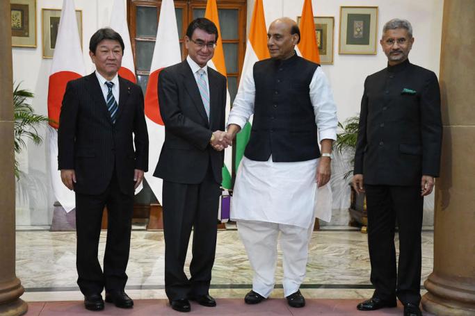 (File) Indian Defense Minister Rajnath Singh (2-R), Japanese Defense Minister Taro Kono (2-L), Indian Foreign Minister S. Jaishankar (R), and Japanese counterpart Toshimitsu Motegi (L) pose prior to a 2+2 meeting in New Delhi, India, 30 November 2019. Photo: EPA