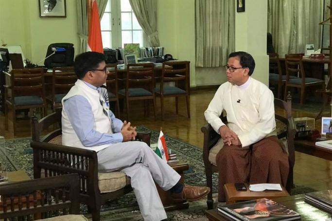 Indian Ambassador Vikram Misri, left, talks to Mizzima Editor in Chief Soe Myint, right. Photo: Mizzima
