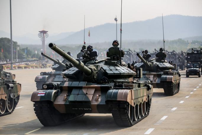Military hardware is displayed during a parade to celebrate Myanmar's 77th Armed Forces Day in Naypyidaw on March 27, 2022. Photo: AFP