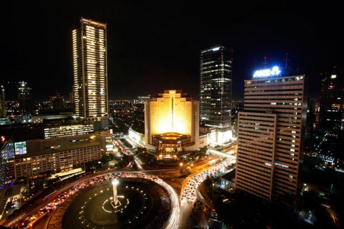 An aerial view of Jakarta's landmark welcome statue fountain and surrounding buildings. Photo: EPA