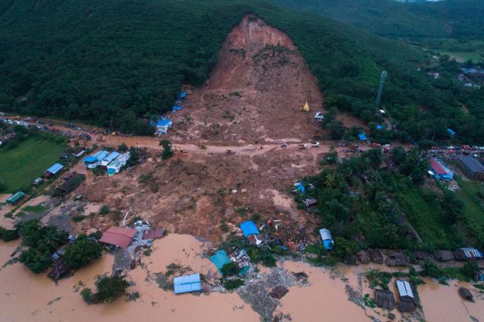 A landslide in Thalphyugone village in Paung township, Mon state on August 9, 2019. Photo: Sai Aung Main/AFP