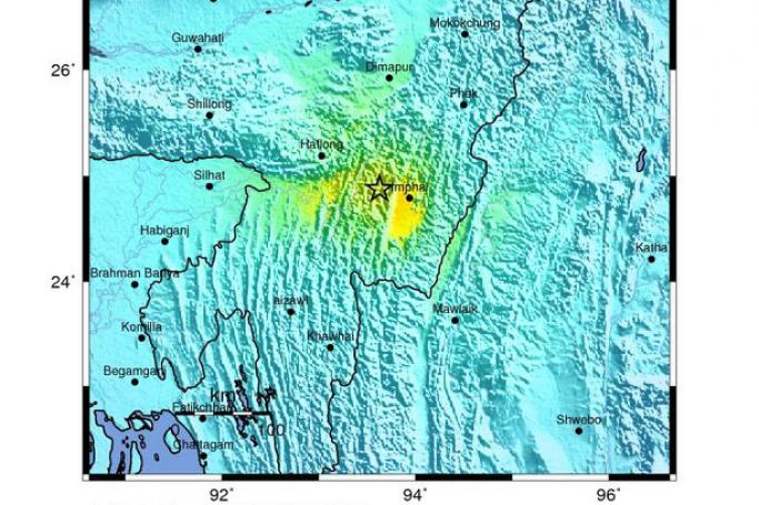 An intensity shake map released by the US Geological Survey (USGS) on 03 January 2016 shows the location where a preliminary 6.8 magnitude earthquake struck 33km WNW of Imphal, India, 04 January 2016 (local time). Photo: USGS/EPA
