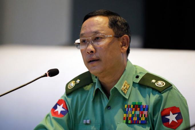 Myanmar's Major General Tun Tun Nyi talks to journalists about the recent conflict in northern Rakhine State, during a press conference at defense services museum in Naypyitaw, Myanmar, 25 March 2019. Photo: Hein Htet/EPA