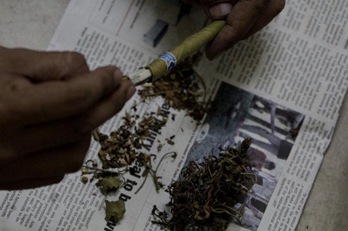 A man mixes marijuana and tobacco leaves from a typical Myanmar cheroot in a house on the outskirts of Yangon. Photo: Nyein Chan Naing/EPA
