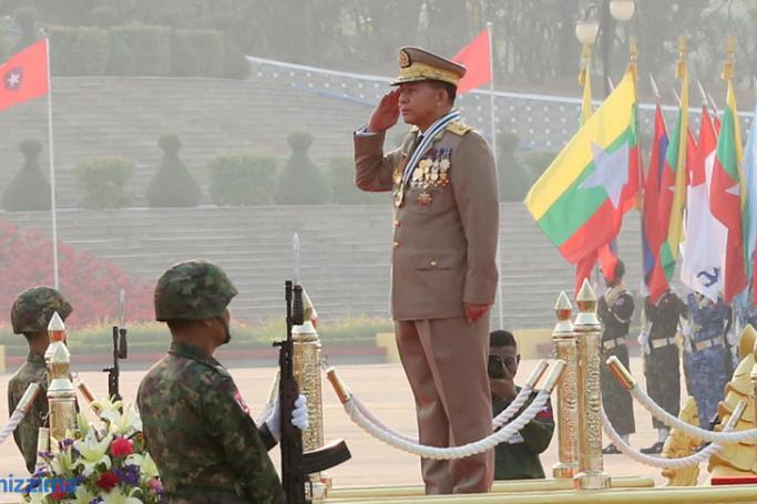 Commander in Chief Min Aung Hlaing called for Myanmar’s military to remain a political force in the country at the 71st Armed Forces Day held in Nay Pyi Taw. Photo: Hong Sar/Mizzima
