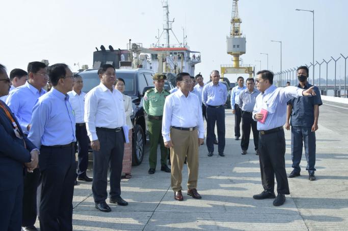 Chairman of the State Administration Council Prime Minister Senior General Min Aung Hlaing, together with SAC members, Rakhine State Chief Minister U Htein Lin, Western Command Commander Maj-Gen Htin Latt Oo and officials, inspected the Kaladan Multimodal Transit Transport Project in Sittway Township of Rakhine State yesterday. Photo: MNA