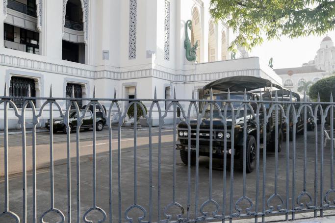 Military trucks are seen inside Yangon City Hall, which is now under the control of the Myanmar military, in Yangon, Myanmar, 01 February 2021. Photo: Lynn Bo Bo/EPA