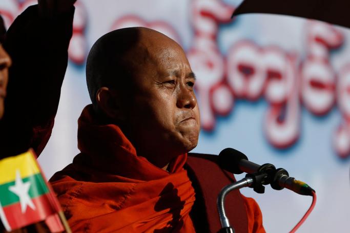  (FILE) Myanmar nationalist Buddhist monk Wirathu delivers a speech during a rally to show the support to the Myanmar military, in Yangon, Myanmar, 14 October 2018. Photo: Lynn Bo Bo/EPA