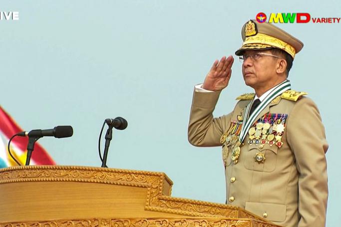 (File) In this file screengrab provided via AFPTV and taken from a broadcast by Myawaddy TV in Myanmar on March 27, 2021, Myanmar armed forces chief Senior General Min Aung Hlaing salutes during an annual parade put on by the military to mark Armed Forces Day in the capital Naypyidaw. Photo: AFP