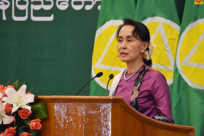 State Counsellor Aung San Suu Kyi speaks at the opening ceremony of the Conference at MICC-2 in Nay Pyi Taw on 8 December 2017. Photo: Myanmar State Counsellor Office

