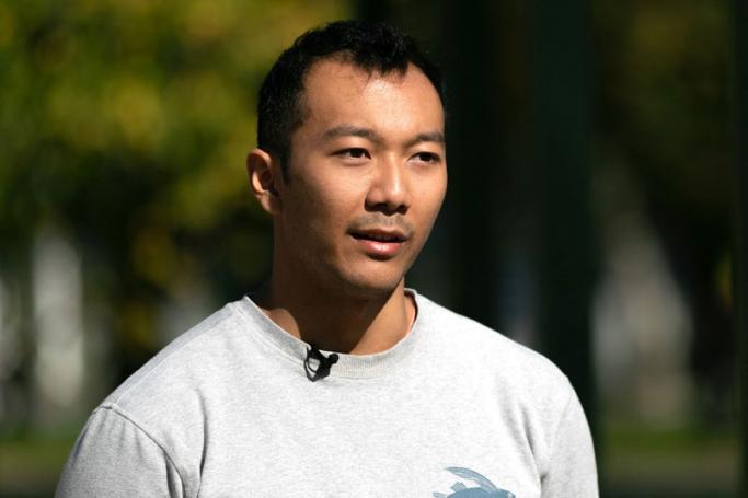 Subject: In this photo taken on April 29, 2021, Myanmar swimmer Win Htet Oo speaks during an interview after a training session at the Melbourne Aquatic Centre in Melbourne. Photo:AFP