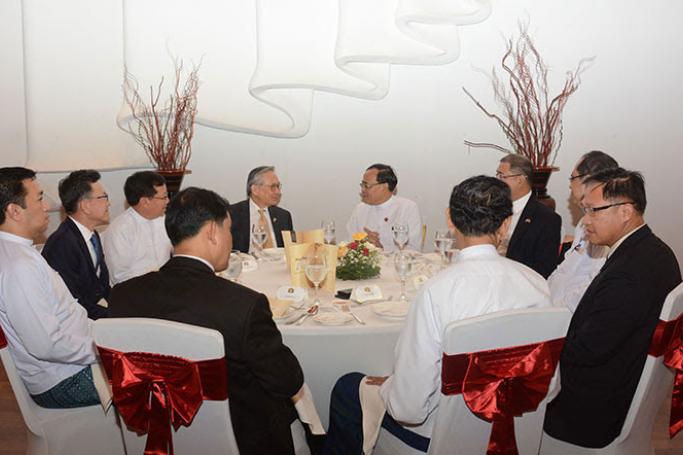 Union Minister for International Cooperation U Kyaw Tin hosts a luncheon in honour of Mr. Don Pramudwinai, Minister of Foreign Affairs of the Kingdom of Thailand, in Nay Pyi Taw. Photo: MNA