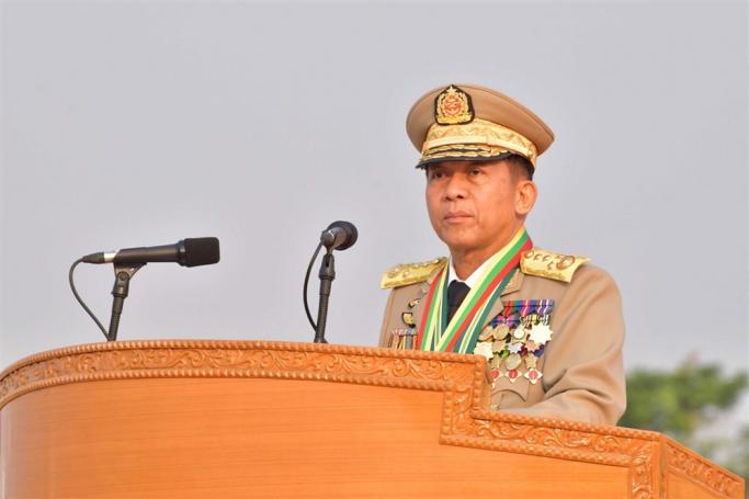 A handout photo made available by Myanmar Military Information Team shows Myanmar military Commander-in-Chief Senior General Min Aung Hlaing giving a speech during the 78th Armed Forces Day in Naypyidaw, Myanmar, 27 March 2023. EPA-EFE/MYANMAR MILITARY INFO TEAM