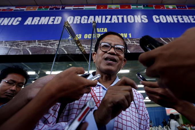 Naing Han Thar (C), chairman of the New Mon State Party (NMSP), talks to media at the end of the first day of Ethnic Armed Organizations Conference in Laiza, Kachin State, Myanmar, 30 October 2013. Photo: Nyein Chan Naing/EPA
