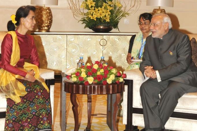 Prime Minister Narendra Modi meets with NLD chairperson Daw Aung Sann Suu Kyi in Nay Pyi Taw in 2014. Photo: PMINDIA
