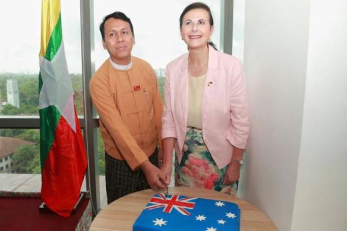 Yangon Region Chief Minister U Phyo Min Thein and Australian Minister for International Development and the Pacific Sen. Concetta Fierravanti-Wells appear at the opening ceremony for the new Australian Embassy at Vantage Tower in Yangon on June 13. Credit: Australian Embassy in Myanmar Facebook page
