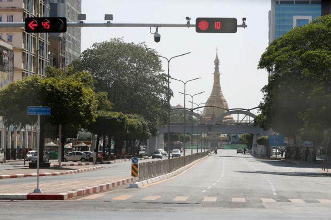 Nearly empty is the Sule pagoda road in downtown Yangon, Myanmar, 01 February 2022. Photo: EPA