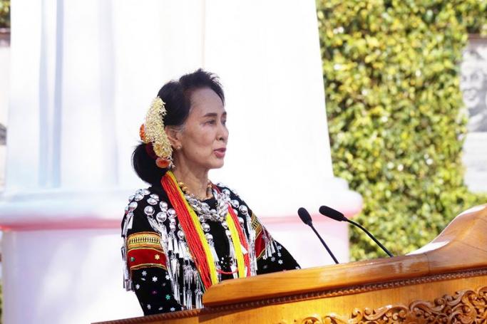 State Counsellor Aung San Suu Kyi speaks during the ceremony to mark the 73rd anniversary of Myanmar's Union Day in Panglong, Shan State. Photo: Shan Information Committee NLD