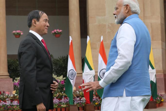 President of Myanmar U Win Myint (L) speaks with Indian Prime Minister Narendra Modi (R) prior to a meeting at the Hyderabad House, in New Delhi, India, 27 February? 2020. Photo: EPA