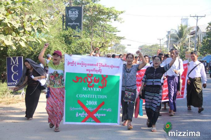 Protestors took to the Yangon streets to call for a change to the 2008 Constitution. Photo: Mizzima
