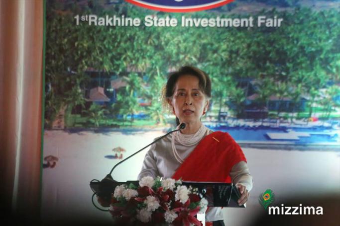 State Counsellor Daw Aung San Suu Kyi attended and addressed the opening ceremony of Rakhine State Investment Fair (2019) held at Rakhine State, Thandwe Township, Ngapali Beach, Jasmine Ngapali Resort Hotel yesterday morning. Photo: Thet Ko/Mizzima