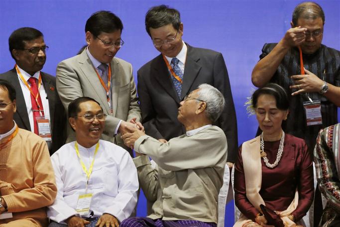 (File) with Chinese Ambassador Hong Liang (back, 2-L), after the 2nd anniversary of Nationwide Ceasefire Agreement (NCA) ceremony at the Myanmar International Convention Center (MICC) in Naypyitaw, Myanmar, 15 October 2017. Photo: EPA